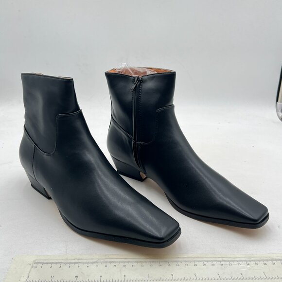 Black Square Toe Ankle Booties Comfy Chunky Low Heel Short Boot Side Zipper Shoe - Picture 4 of 8